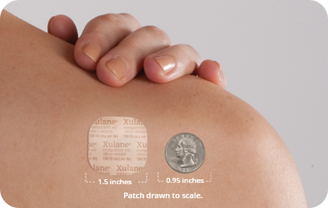 Compares XULANE patch (1.5 inches) to a quarter (0.95 inches).