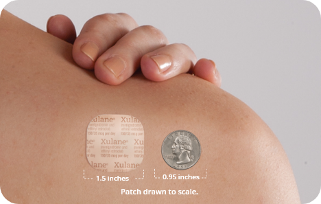 Compares XULANE patch (1.5 inches) to a quarter (0.95 inches). Compares XULANE patch (1.5 inches) to a quarter (0.95 inches).